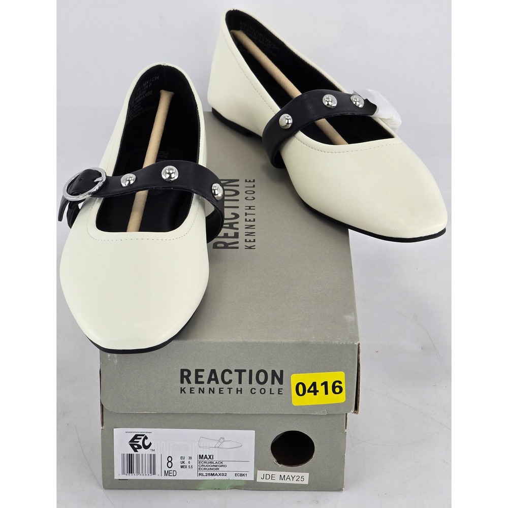 Kenneth Cole Reaction Maxi Flats Womens 8 Ecru Black Studded Mary Jane - New